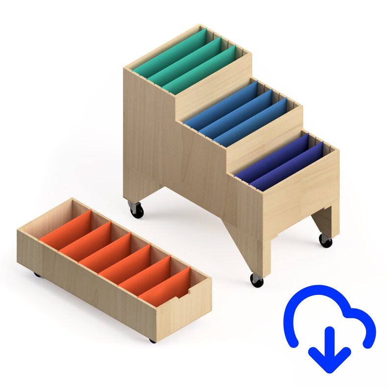 May include: Wooden storage units with colorful dividers. One unit is a stepped design with teal, blue, and purple dividers. The other is a rectangular unit with orange dividers. Both have wheels for mobility.