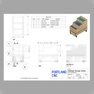 Puede incluir: Un dibujo t&eacute;cnico de un conjunto de carro de chatarra anidado. El dibujo muestra las vistas superior, frontal y lateral del carro. El carro est&aacute; hecho de madera contrachapada y tiene un marco de acero. El dibujo incluye una lista de piezas y una vista en secci&oacute;n. El t&iacute;tulo del dibujo es "Carros de chatarra anidados" y el n&uacute;mero de dibujo es 1. El dibujo est&aacute; fechado el 24 de febrero de 2000.