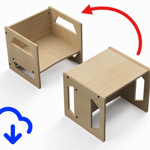 May include: A wooden table and chair set for children. The table and chair are made of light wood and have a simple design. The chair can be flipped to create a small bench.