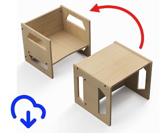 May include: A wooden table and chair set for children. The table and chair are made of light wood and have a simple design. The chair can be flipped to create a small bench.