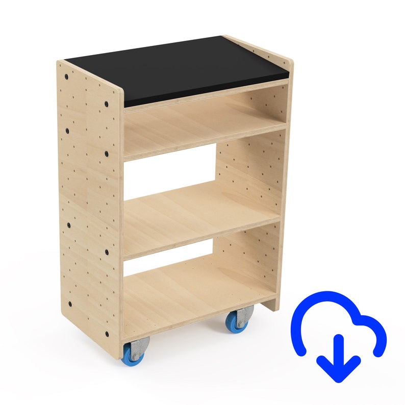 Puede incluir: Un carro rodante de madera con tres estantes y una parte superior negra. El carro tiene cuatro ruedas azules y est&aacute; hecho de madera contrachapada con un dise&ntilde;o de tablero de clavijas.