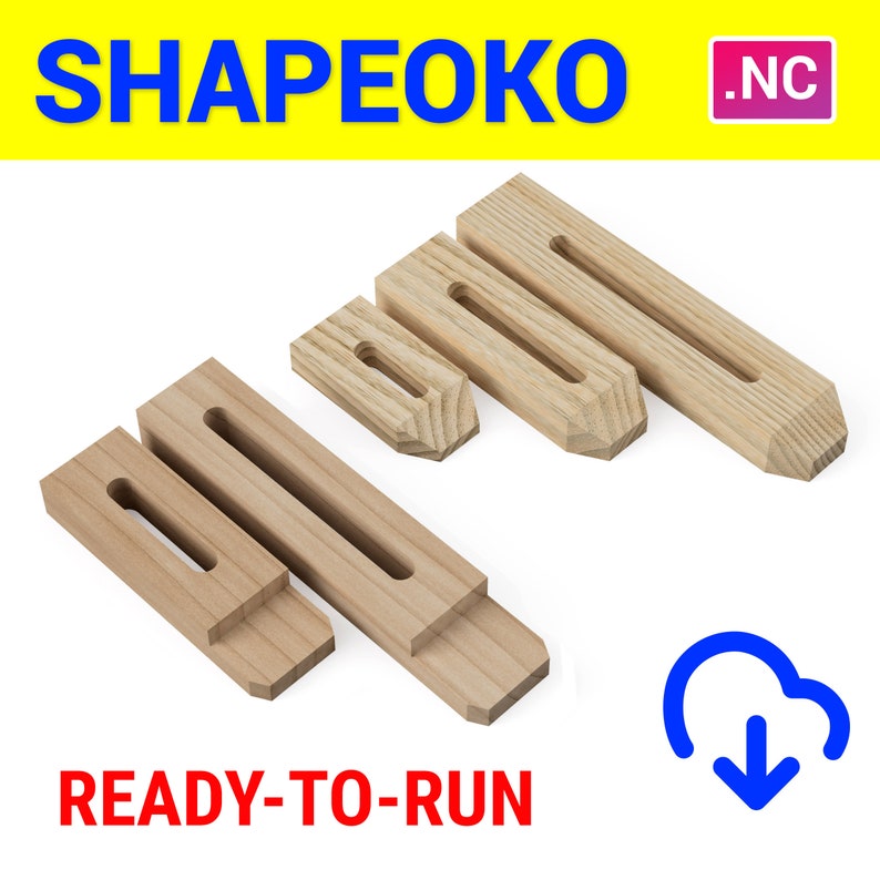 May include: Wooden Shapeoko parts in various sizes. The parts are light brown and rectangular with a long, narrow slot cut through the center. The text "SHAPEOKO" is in yellow, and "READY-TO-RUN" is in red.