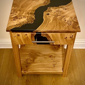 Solid Pippy Oak river side table with drawer.