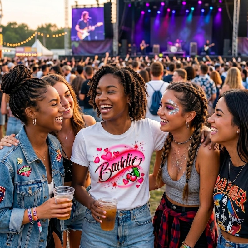 Young woman wearing a cherry Airbrush design on a white shirt at a concert, while hanging out with her friends.