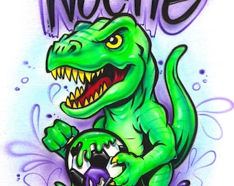 Custom Airbrush Dinosaur Birthday Shirt, Kids Soccer Birthday Party tee
