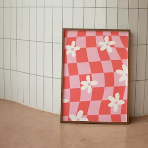 Red and Pink Floral Checkerboard Printable Wall Art, Retro Checkered Groovy Trendy Print Poster