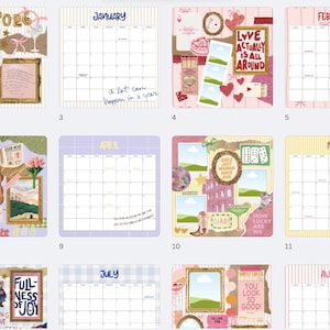 May include: A set of 2026 calendars, each representing a month of the year. The calendars are designed as collages, incorporating frames, hearts, and various decorative items. The months are clearly labelled with text, such as "January", "February", "March", "April", "May", "June", "July", and "August".