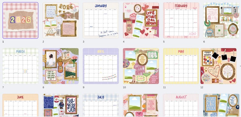 May include: A set of 2026 calendars, each representing a month of the year. The calendars are designed as collages, incorporating frames, hearts, and various decorative items. The months are clearly labelled with text, such as "January", "February", "March", "April", "May", "June", "July", and "August".