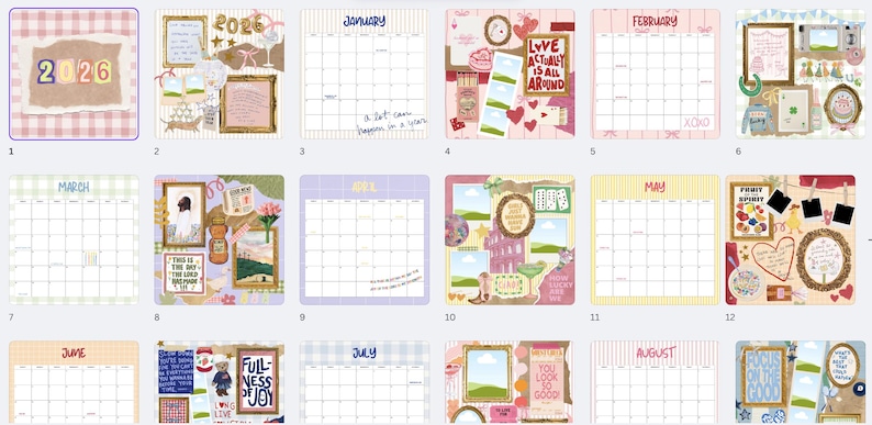 May include: A set of 2026 calendars, each with a distinct collage design. The calendars display monthly layouts with decorative elements, including frames, hearts, and handwritten text. Colours include pink, yellow, and blue.