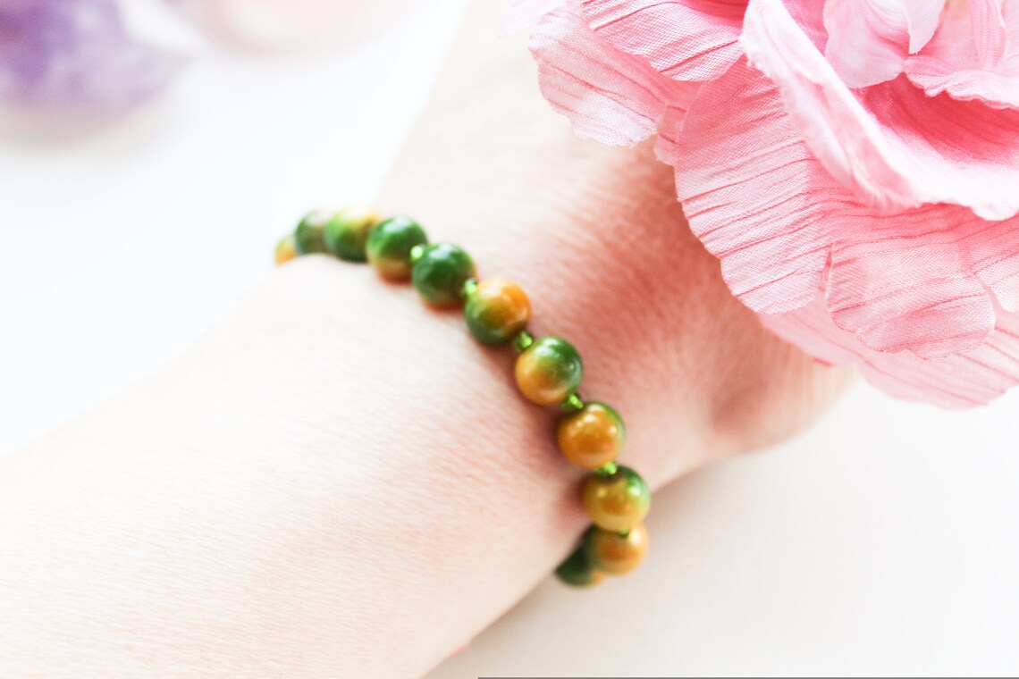 Pulsera AMARILLA Y VERDE cuentas de ojo de gato joyas hechas Etsy