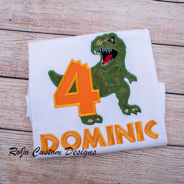 Dinosaur Birthday Shirt/ 4th Birthday Embroidered T-Rex Birthday T-Shirt/ Youth Birthday Tee Shirt/Dinosaur Party Shirt/Numbers 1-9