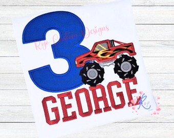 Personalized Monster Truck Birthday Shirt: Embroidered Red Truck Tee