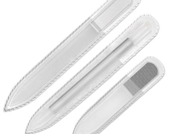 Glass Nail Shiner Cuticle Pusher Set by GLADZY - Etched Czech Glass Nail File Tools for Natural Nails, Manicure Stick, Premium EU Quality
