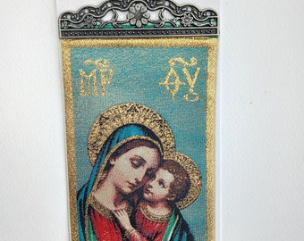 Woven icon 10 x 23cm Virgin and child. Novelty.