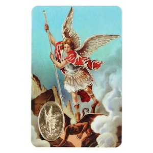 St Michel , carte médaille prière,   image pieuse plastifié protection et bienveillance, cadeau fêtes religieuses, médaille religieuse.