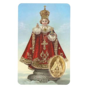 Jésus enfant de Prague , carte médaille prière,   image pieuse plastifié protection et bienveillance, cadeau fêtes religieuse.