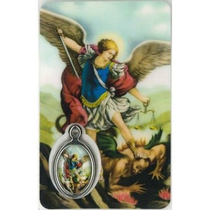 St Michel , carte médaille prière,   image pieuse plastifié protection et bienveillance, cadeau fêtes religieuses, médaille religieuse.