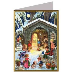Carte de Noël double avec enveloppe, scène traditionnelle de la nativité, très belle illustration de la crèche. dimension 12.5 x 17.6 cm.
