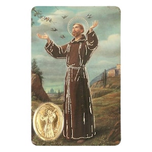 Saint Francois, carte médaille prière,   image pieuse plastifié protection et bienveillance, cadeau fêtes religieuse.
