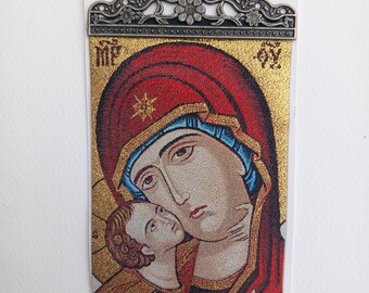 Woven icon 10 x 23cm Virgin and child. Novelty.