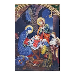 Carte de Noël double avec enveloppe, scène traditionnelle de la nativité, très belle illustration de la crèche. dimension 10x15cm.
