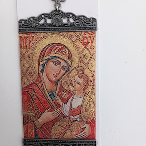 Woven icon 10 x 23cm Virgin and child.