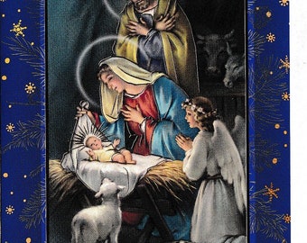 Carte de Noël double avec enveloppe, scène traditionnelle de la nativité, très belle illustration de la crèche. dimension 10x15cm.