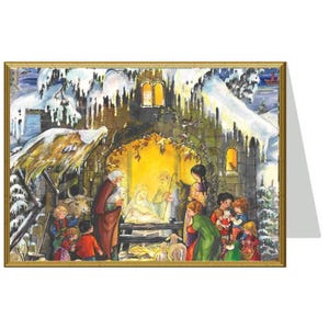 Carte de Noël double avec enveloppe, scène traditionnelle de la nativité, très belle illustration de la crèche. dimension 12.5 x 17.6 cm.