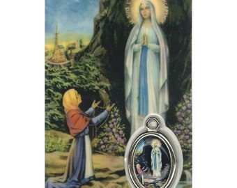 Carte médaille prière Notre Dame de Lourdes pour vos dévotions, carte de prière à offrir, cadeau idéal pour des fêtes religieuses.