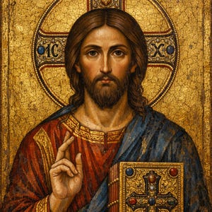 Puede incluir: Un icono religioso que representa una figura central con cabello largo castaño y barba, vistiendo una túnica roja y un manto azul. La figura sostiene un libro con una cruz y hace un gesto con la mano. Un halo dorado con el texto IC XC es visible.