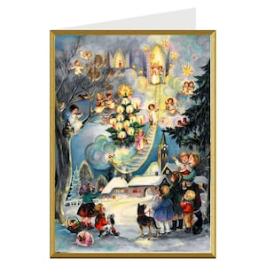 Double Christmas card with envelope, traditional nativity scene, very beautiful illustration of the crib. size 12.5 x 17.6 cm.