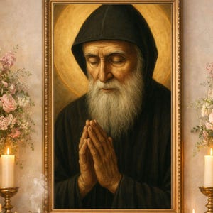 Puede incluir: Retrato enmarcado de un anciano con larga barba blanca y túnica negra con capucha, con las manos juntas en oración. La pintura tiene un halo dorado y está rodeada de arreglos florales y velas encendidas.