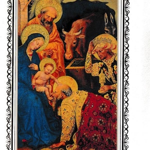 Carte de Noël double avec enveloppe, scène traditionnelle de la nativité, très belle illustration de la crèche. dimension 10x15cm.