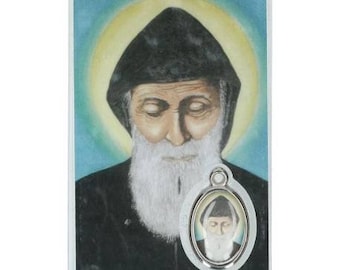 Karta z medalikiem modlitewnym św. Charbela do wykorzystania podczas nabożeństw, karta modlitewna do wręczenia lub otrzymania, idealny prezent z okazji świąt religijnych.