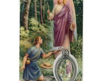 Archange Raphael, carte médaille prière,  image pieuse plastifié protection et bienveillance., cadeau fêtes religieuses, image religieuse.