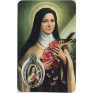 Carte prière médaille Sainte Thérèse de l' Enfant Jésus, médaille religieuse,  image pieuse plastifié protection et bienveillance.