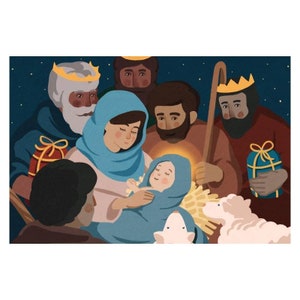 Carte de Noël, scène traditionnelle de la nativité, très belle illustration de la crèche de Notre Seigneur Jésus Christ. Dimension 10 X 15cm
