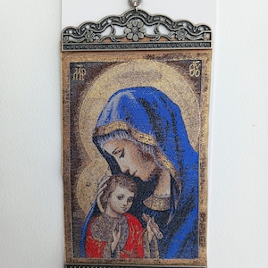 Woven icon 10 x 23cm, Virgin and child. Novelty.