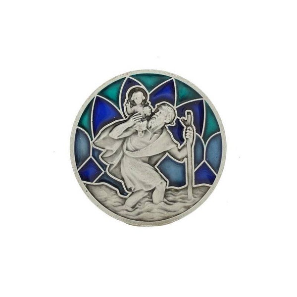 Médaille aimanté ou autocollant Saint Christophe 30 mm. Email bleu