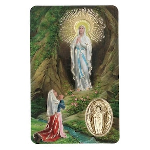 Notre Dame de Lourdes, carte médaille prière,   image pieuse plastifié protection et bienveillance, cadeau fêtes religieuse.