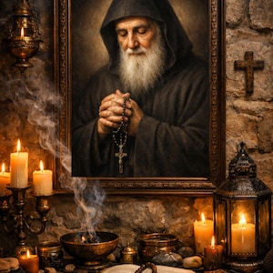 Puede incluir: Retrato enmarcado de un monje rezando, con una larga barba blanca y una túnica oscura con capucha. La escena incluye velas, un rosario, un libro abierto y una cruz en una pared de piedra. Sobre una superficie de madera.