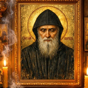 Peut inclure: Icône d'un homme barbu en robe noire à capuche, avec les mots "Святый Шарбель" en lettres dorées. L'icône est dans un cadre doré, entourée d'autres icônes et de bougies allumées.