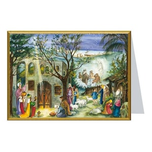 Carte de Noël double avec enveloppe, scène traditionnelle de la nativité, très belle illustration de la crèche. dimension 12.5 x 17.6 cm.