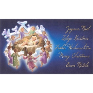 Carte de Noël avec enveloppe scène traditionnelle de la nativité, très belle illustration de la crèche. Dimension 8 x 14cm