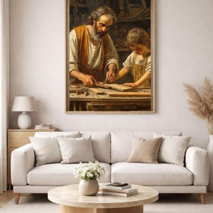 Può includere: Un dipinto incorniciato raffigura un falegname che insegna la lavorazione del legno a un ragazzo. L'uomo, con la barba e un gilet marrone, guida le mani del ragazzo. La scena è ambientata in un'officina con attrezzi e legno. Il dipinto è appeso sopra un divano bianco.