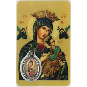 Vierge du Perpétuel Secours, carte médaille image pieuse plastifié catholique, cadeau idéal fêtes religieuses, médaille religieuse.