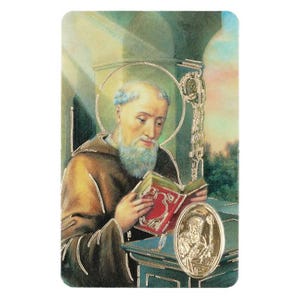 Saint Benoit, carte médaille prière,   image pieuse plastifié protection et bienveillance, cadeau fêtes religieuse.