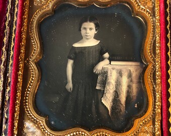 6 th plate  daguerreotype in a  full case, has broken spine. Antique photo. Attached ribbon with flags from Camp Alger Falls Church VA.