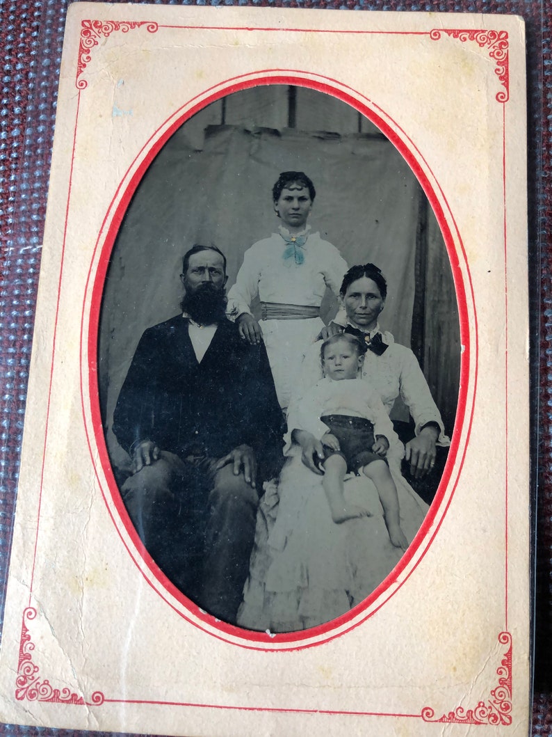 Tintype, 4x6. Family Photo. Paper Frame. Young Child Barefoot.tinted
