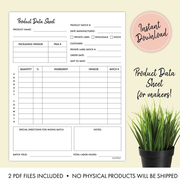 Product Data Sheet - Editable Instant Download for Soap Making, Skin Care Makers - Standard Letter Size